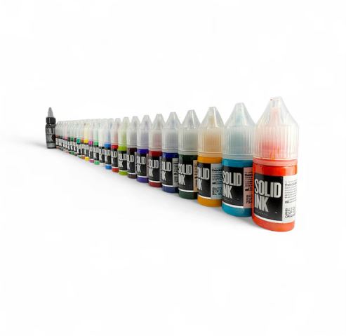 SOLID INK 25 COLOR TRAVEL SET | (24) HALF OUNCE + 1OZ LINING BLACK - Tattoo Ink - Mithra Tattoo Supplies Canada